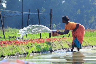 a woman watering water from a watering hose