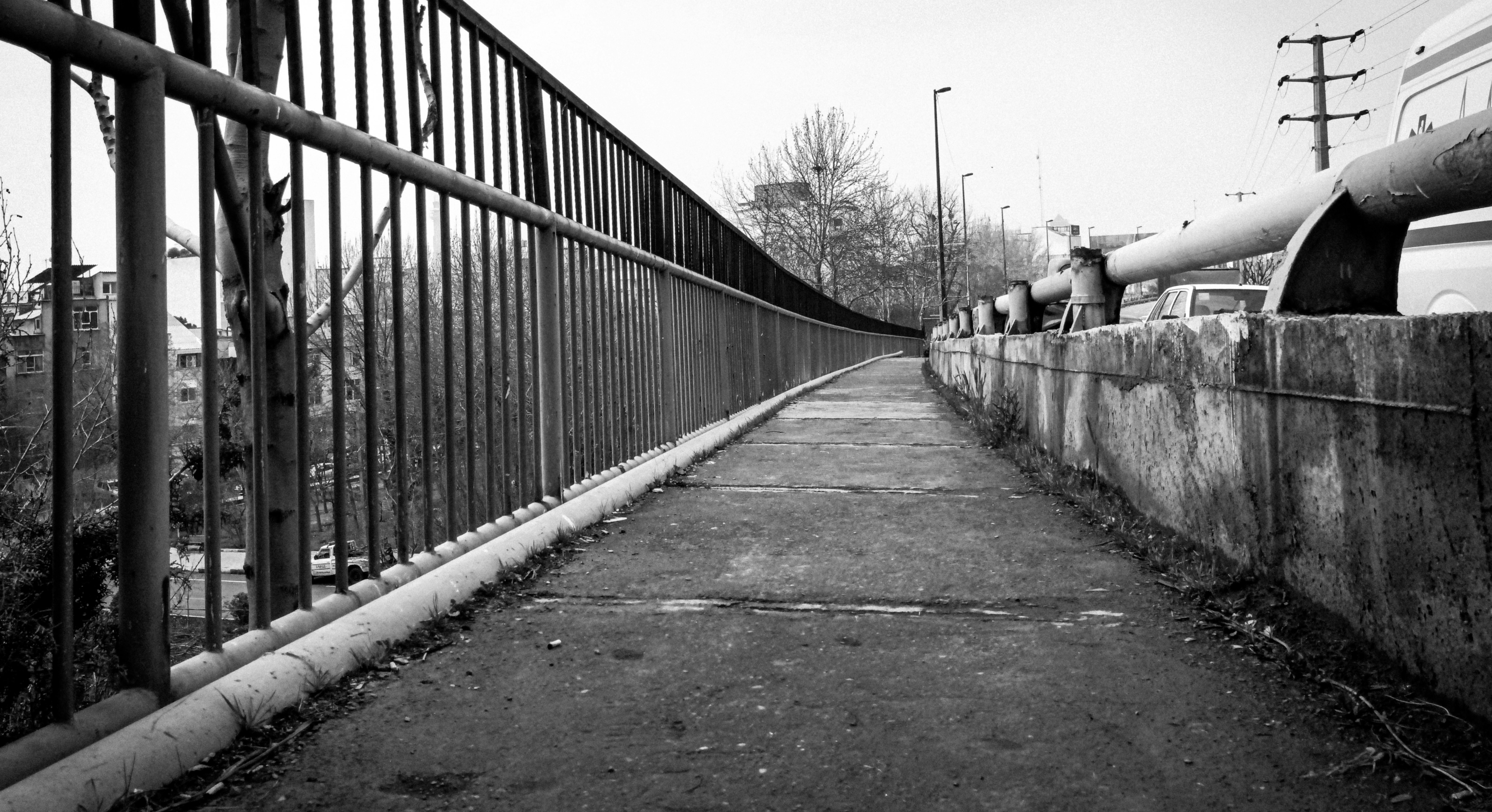 橋を渡る電車の白黒写真