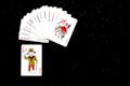 A set of playing cards with multiple Joker cards is spread out on a black background. The Jokers are similarly designed with colorful illustrations, featuring traditional jester motifs. One card is separate from the others, displaying a figure with a top hat and cane.
