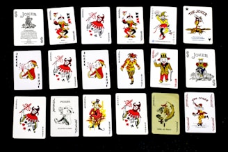a group of playing cards with different designs on them