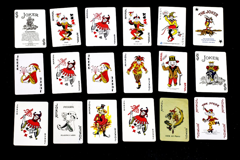 a group of playing cards with different designs on them