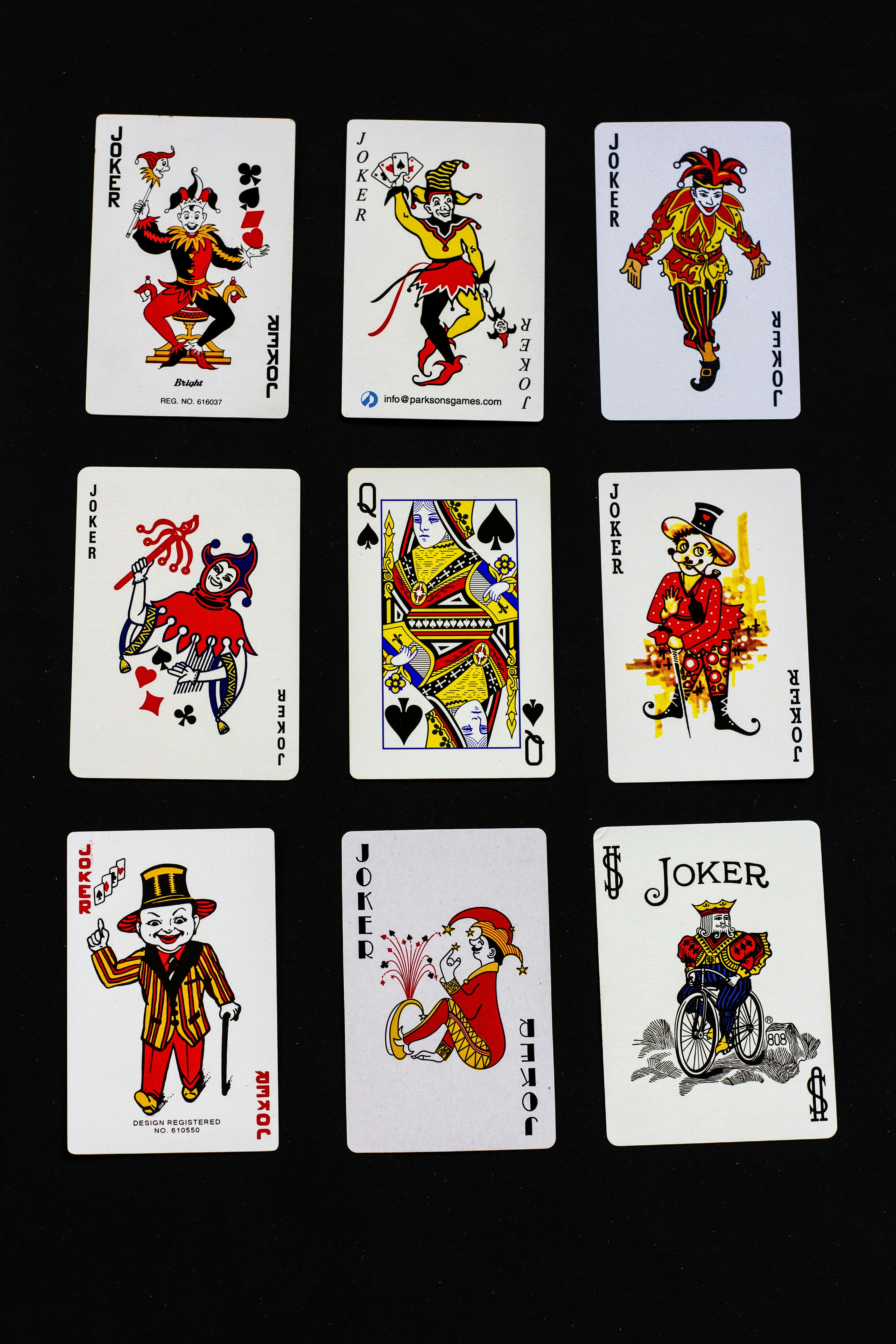 number of joker playing cards laid on a surface