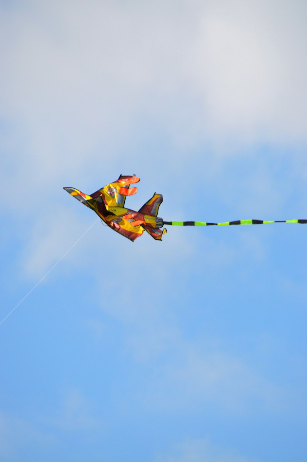 a kite flying in the sky with a long tail