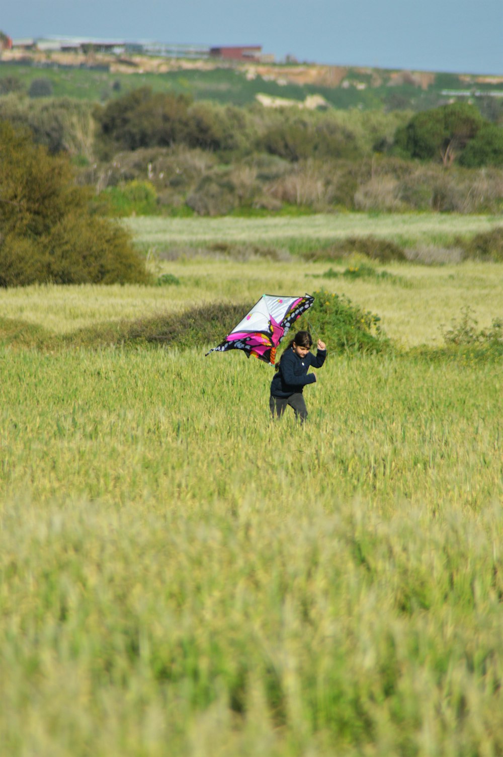 a person in a field with a kite