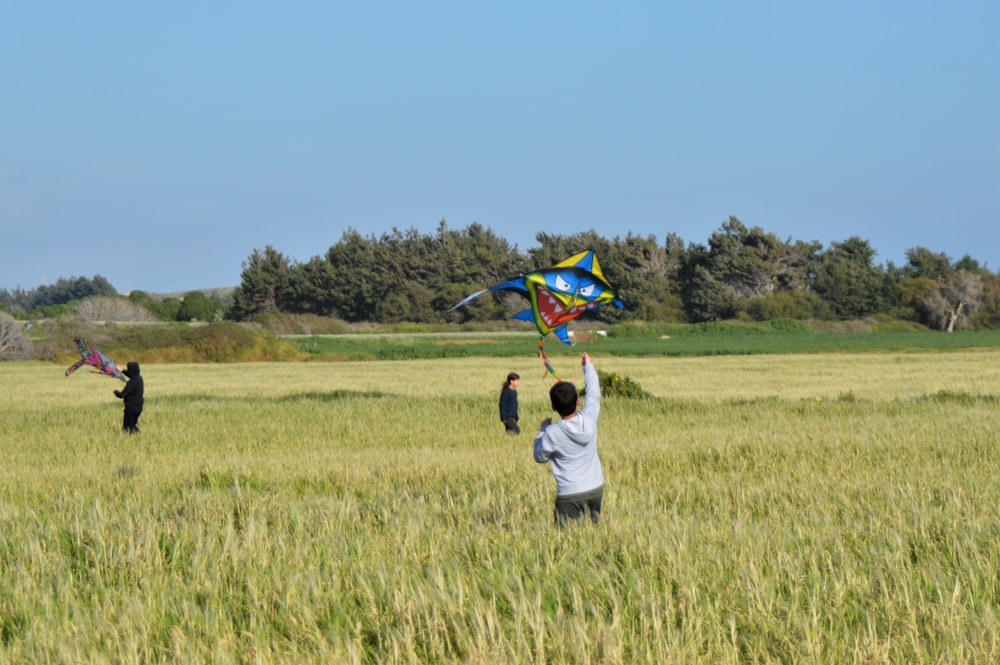 a group of people in a field flying kites