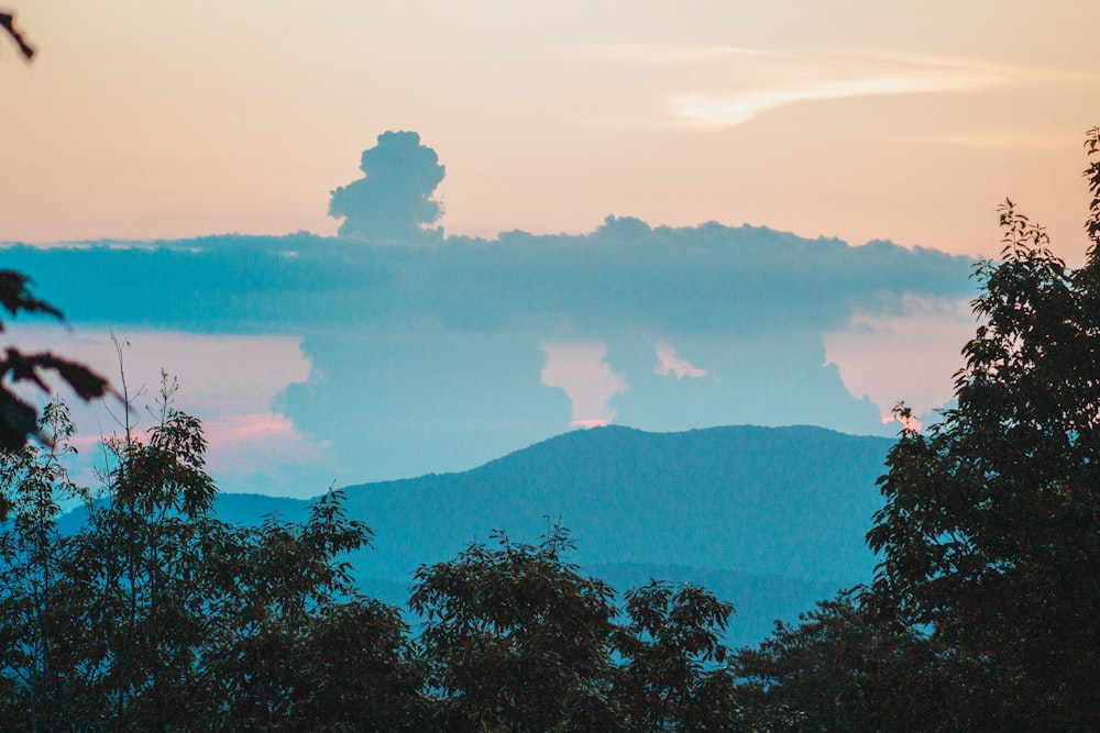 a view of a mountain range with trees in the foreground