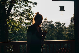 A person is silhouetted against a sunlit forest backdrop, with lush green leaves and wooden railings. A bird feeder hangs nearby, casting soft shadows.