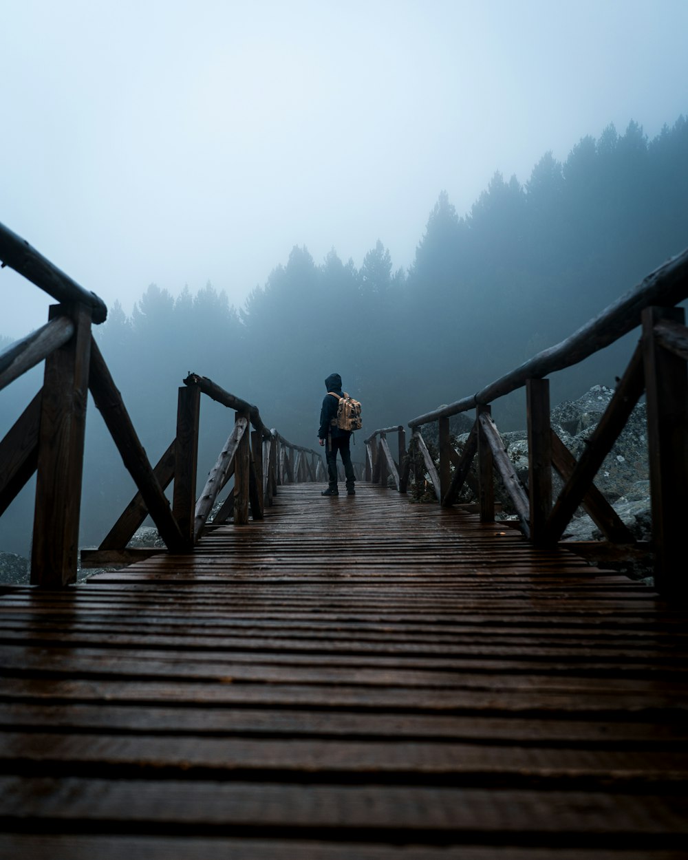 two people standing on a bridge in the fog