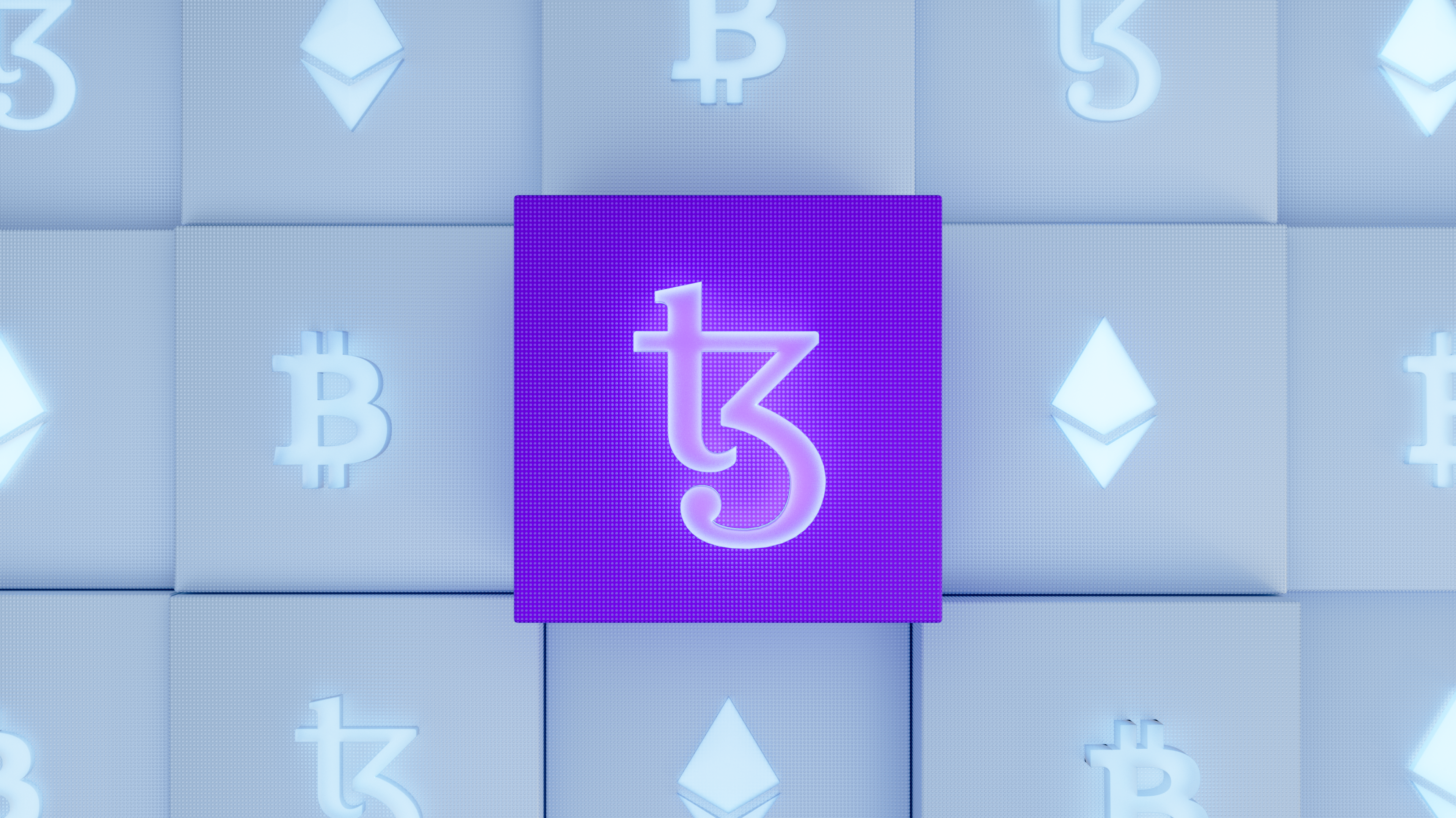 Tezos logo with Bitcoin and Ethereum balanced