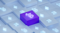 A purple cube with a luminous symbol stands out among a grid of glowing white cubes, each featuring similar luminescent symbols. The scene is characterized by a modern, digital aesthetic, with scattered geometric shapes further enhancing the futuristic vibe.