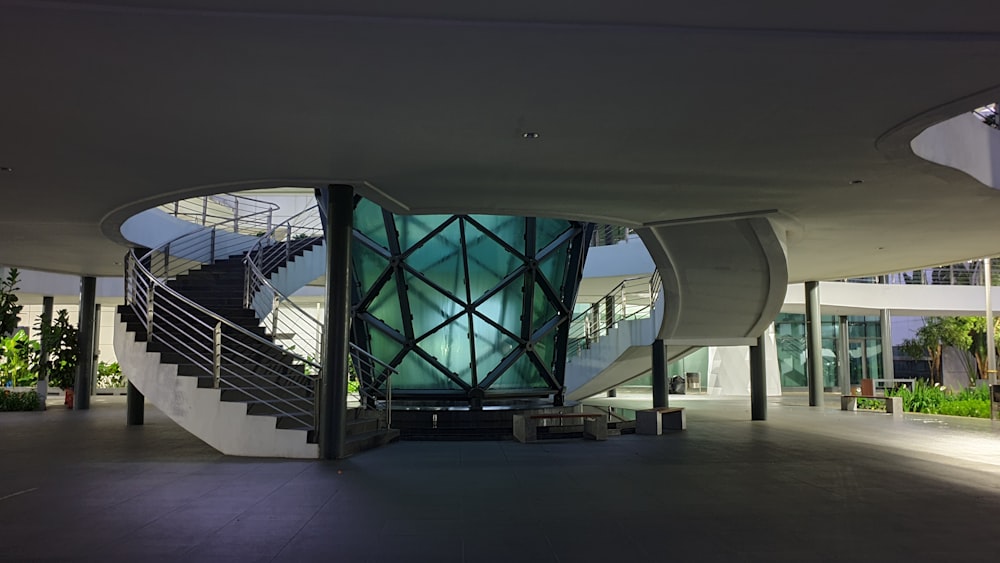 a large building with a spiral staircase inside of it