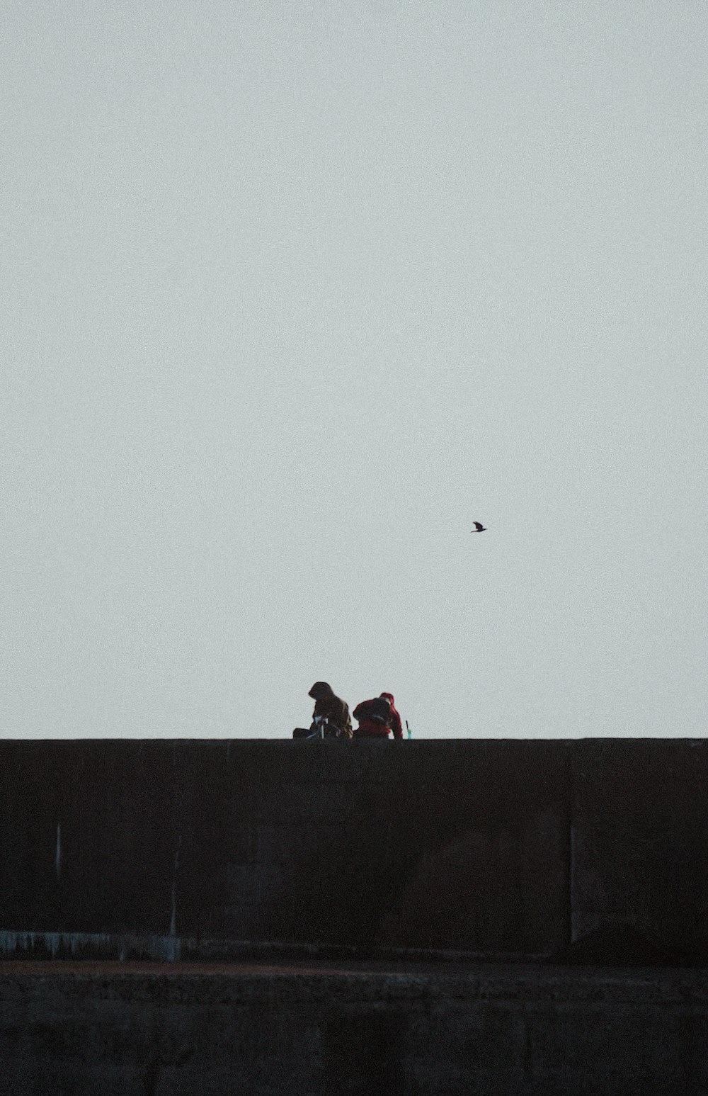 un couple de personnes assises au sommet d’un mur