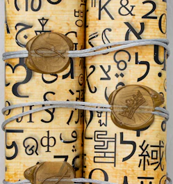 Illustration of contextual elements surrounding a parchment scroll.