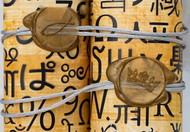 Two scrolls wrapped in a decorative paper featuring a variety of different scripts and symbols. Each scroll is secured with a thin gray cord and adorned with a gold-colored wax seal; one seal has a fish symbol, and the other has a crown emblem.
