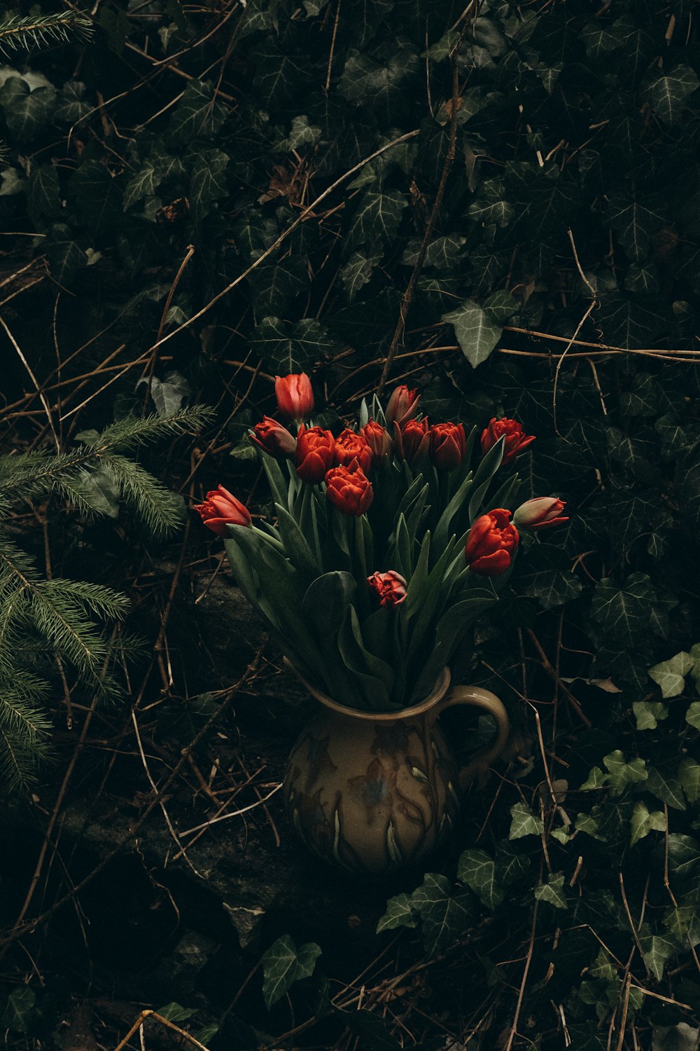 Un jarrón lleno de flores rojas rodeado de vegetación