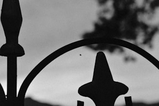 A silhouetted wrought iron fence is prominently displayed against a soft, blurred backdrop of a tree and sky, creating a stark contrast. The intricate design of the fence features a symmetrical shape at the top, possibly a spearhead or decorative element. A small insect, likely a spider, is visible on the arch of the fence, adding a delicate detail to the scene.