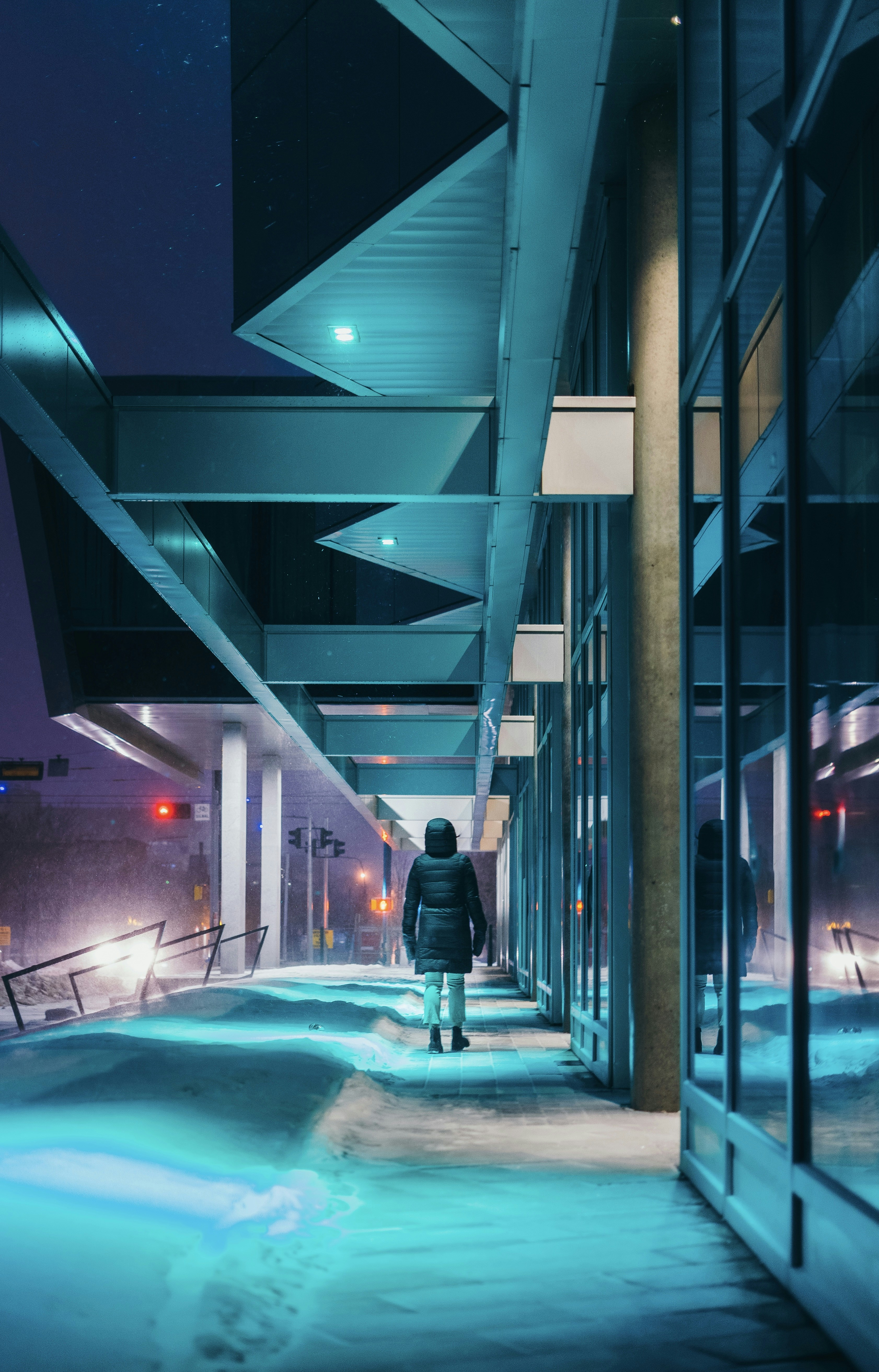 a person walking down a walkway in the snow