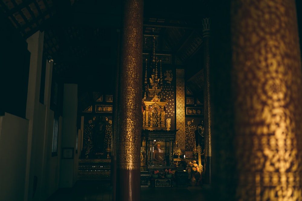 the interior of a church lit up at night