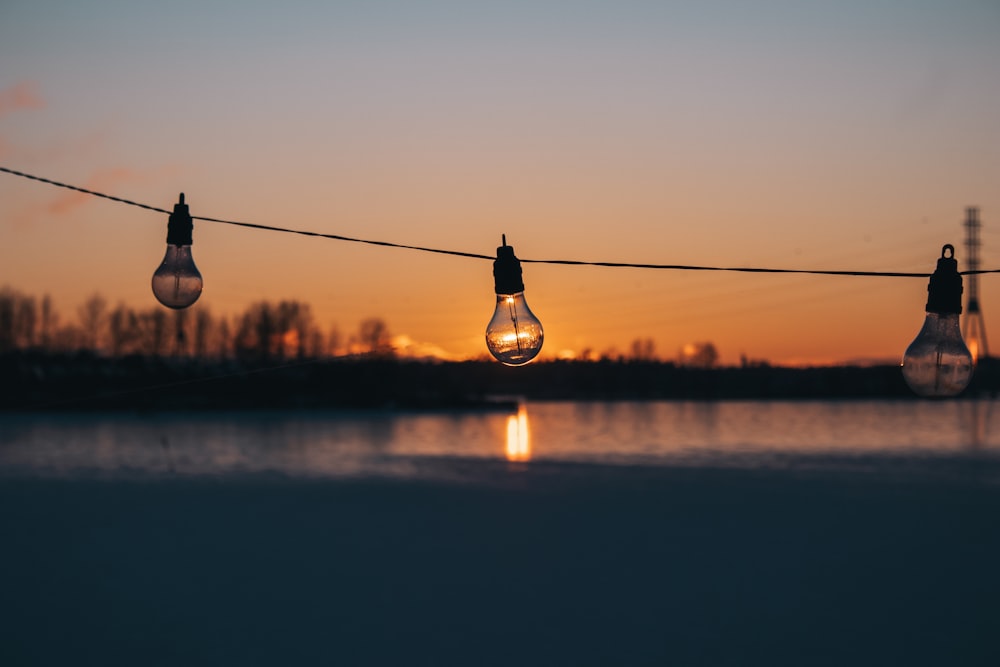 several light bulbs hanging from a line over a body of water