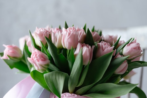 A delicate bouquet of pastel tulips gently resting on a rustic wooden table.