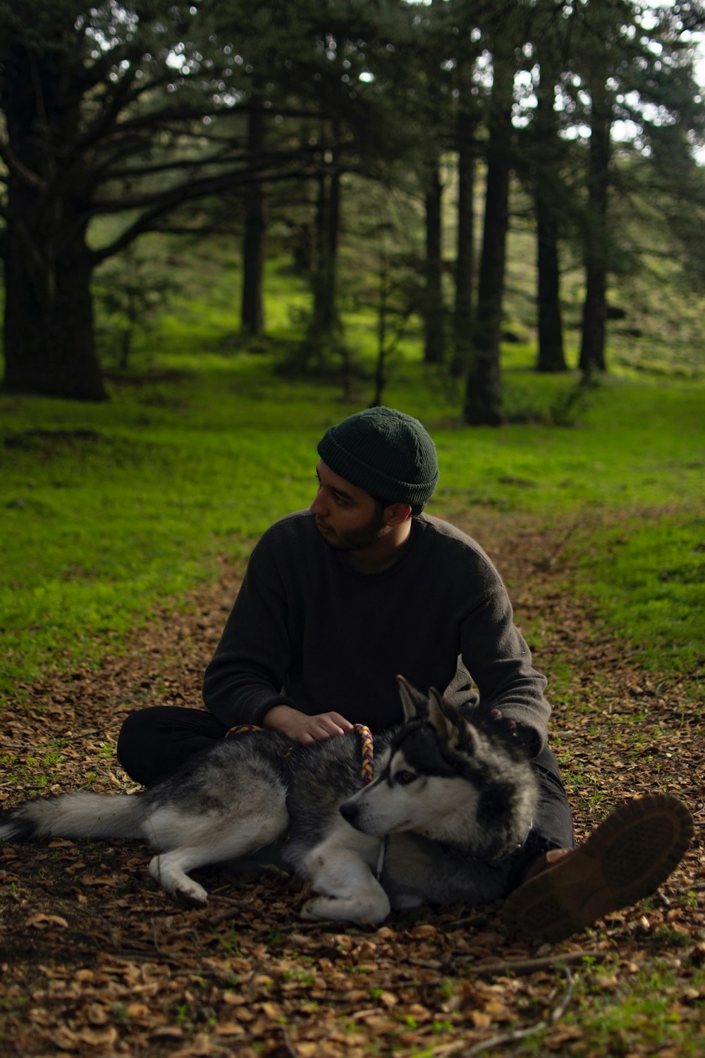 a man sitting on the ground with two dogs