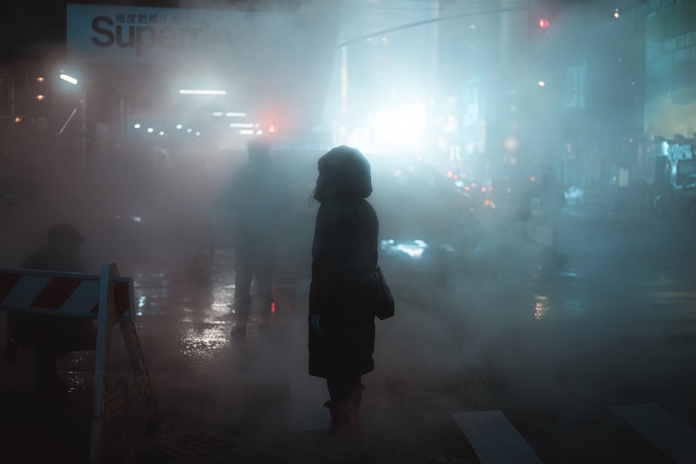 a person standing in the middle of a foggy street