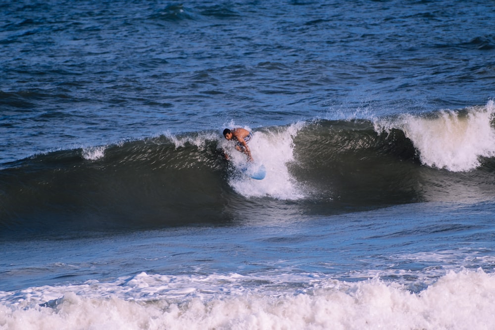 a man riding a wave on top of a surfboard