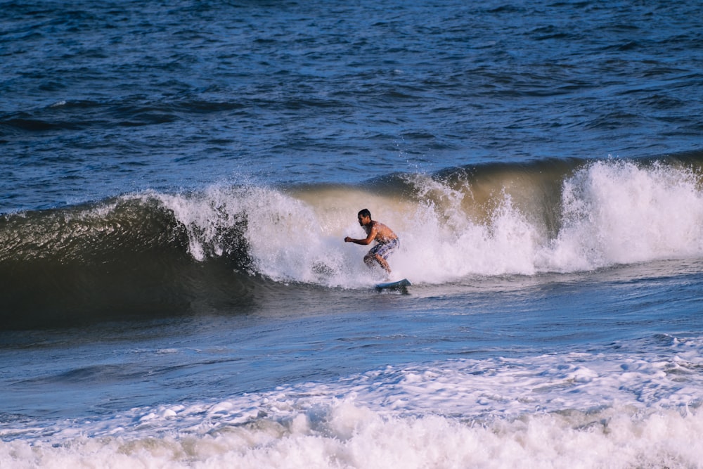 a man riding a wave on top of a surfboard