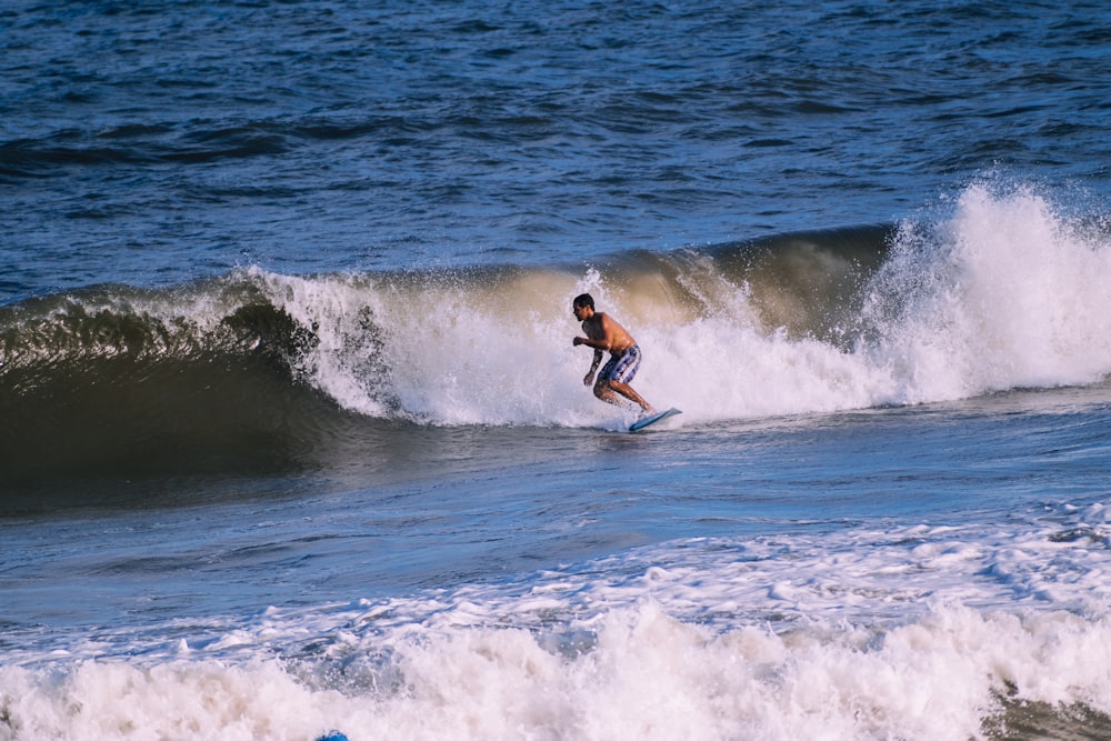 a man riding a wave on top of a surfboard