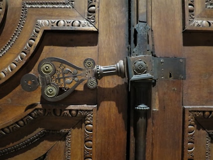 a close up of a door handle on a wooden door