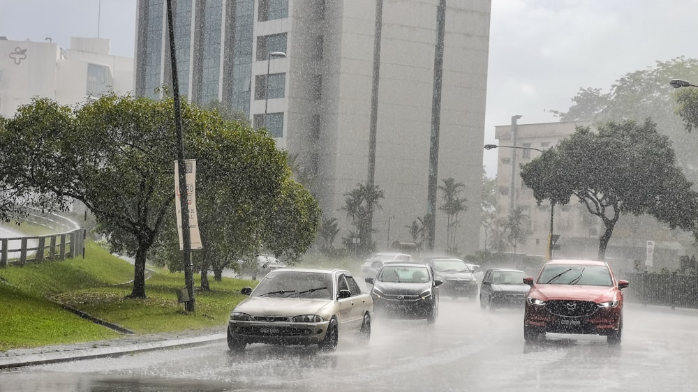 Un montón de coches conduciendo por una calle bajo la lluvia