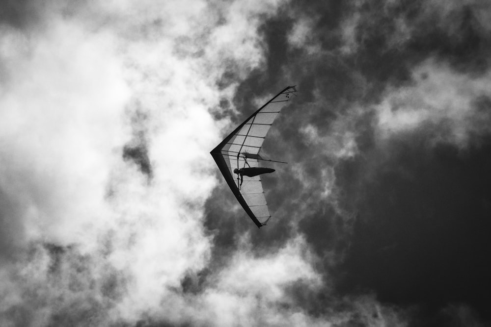 a black and white photo of a kite in the sky