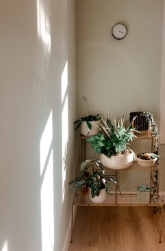 a room with a shelf and a clock on the wall