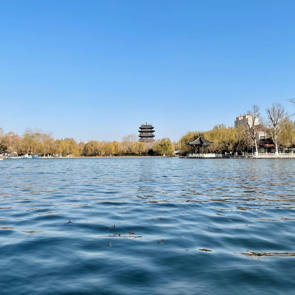 a body of water with a pagoda in the background