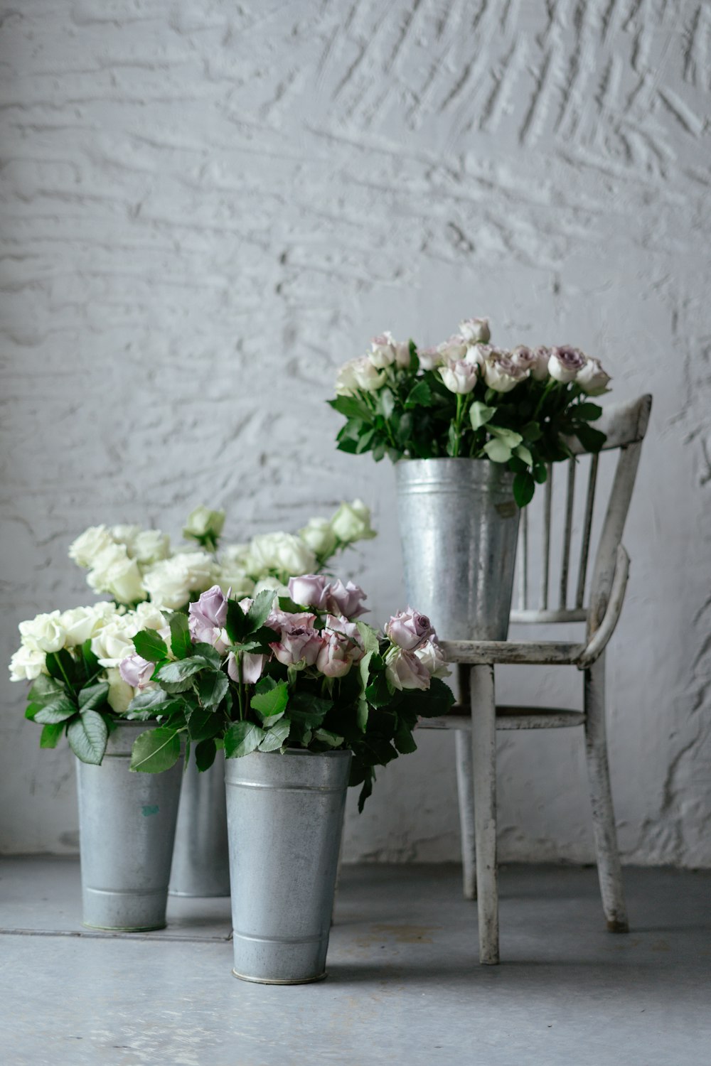three metal buckets filled with white and pink flowers