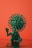 A green humanoid figure with a virus-like head structure sits on a reflective surface against an orange background. The figure has a raised hand and a body covered with spike-like protrusions.