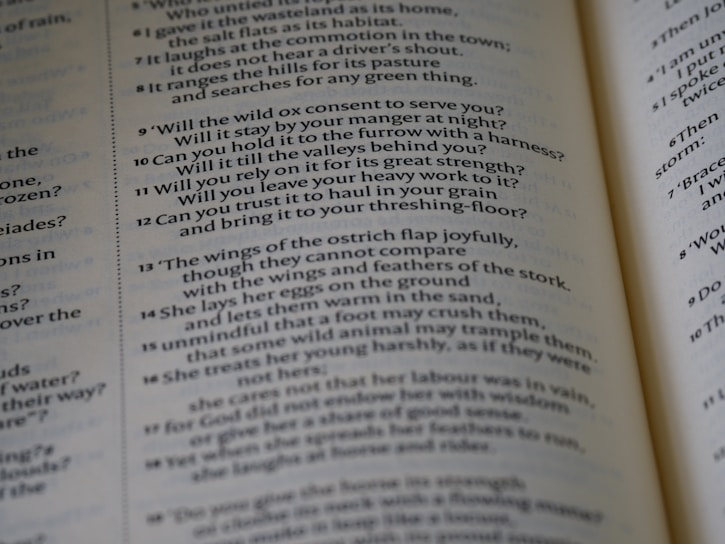 The image features an open book with text printed in a structured column format. The text consists of poetic or prose-like sentences, with numbers indicating sections or verses. The page has a matte finish, and the text is primarily in black ink on an off-white background. The book is slightly angled, showing two pages partially captured in the frame.