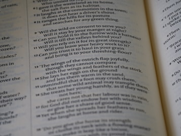 The image features an open book with text printed in a structured column format. The text consists of poetic or prose-like sentences, with numbers indicating sections or verses. The page has a matte finish, and the text is primarily in black ink on an off-white background. The book is slightly angled, showing two pages partially captured in the frame.