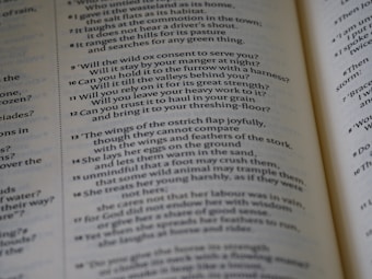 The image features an open book with text printed in a structured column format. The text consists of poetic or prose-like sentences, with numbers indicating sections or verses. The page has a matte finish, and the text is primarily in black ink on an off-white background. The book is slightly angled, showing two pages partially captured in the frame.