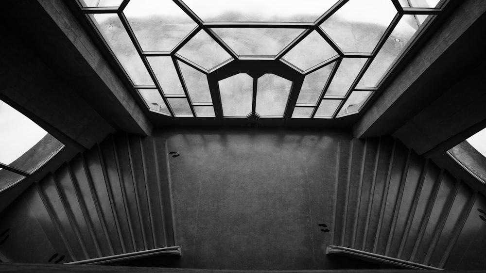 a black and white photo of a stairwell