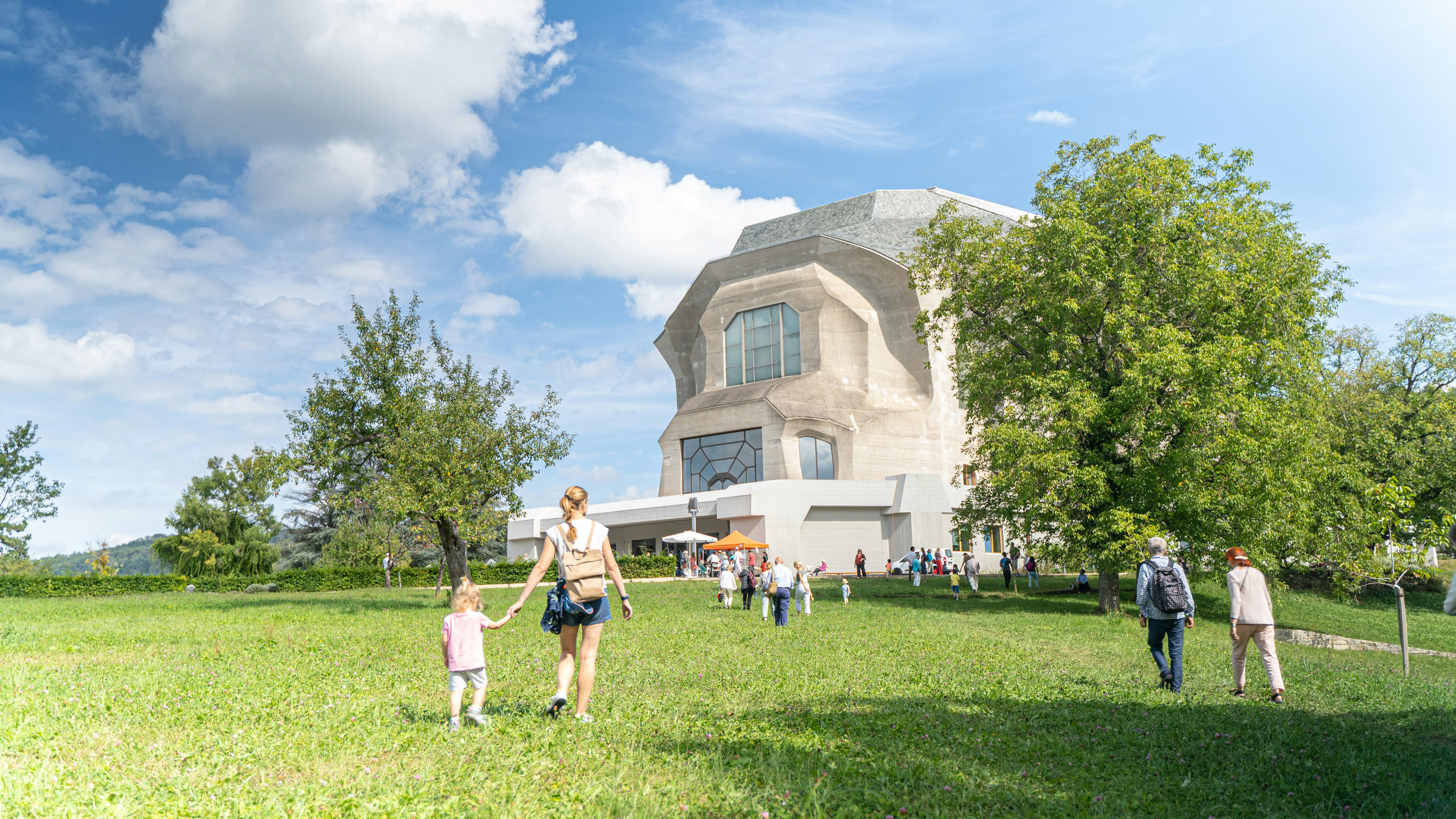 a group of people walking across a lush green field