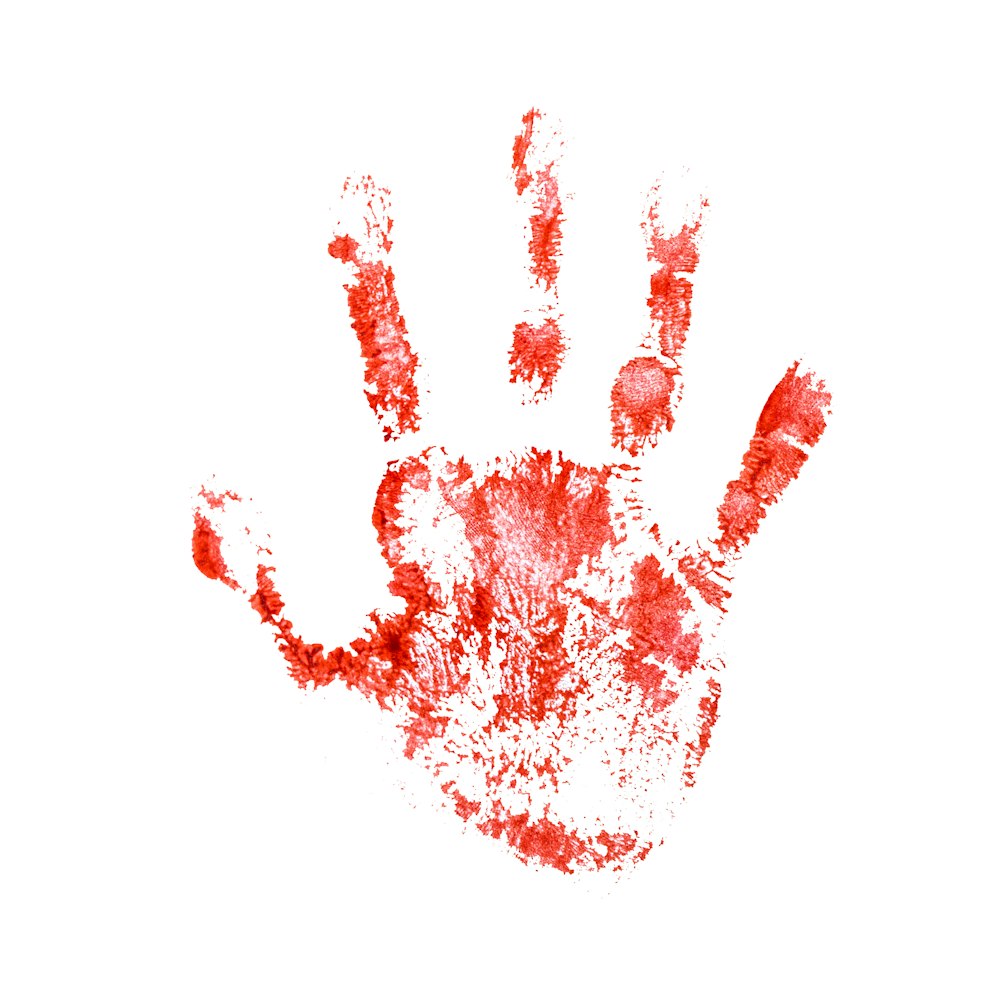 a red hand print on a white background