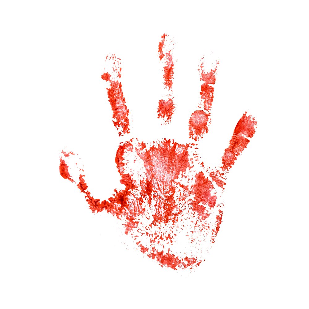 un'impronta rossa della mano su sfondo bianco