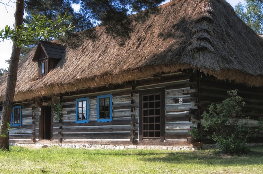 a log cabin with a thatched roof and blue windows