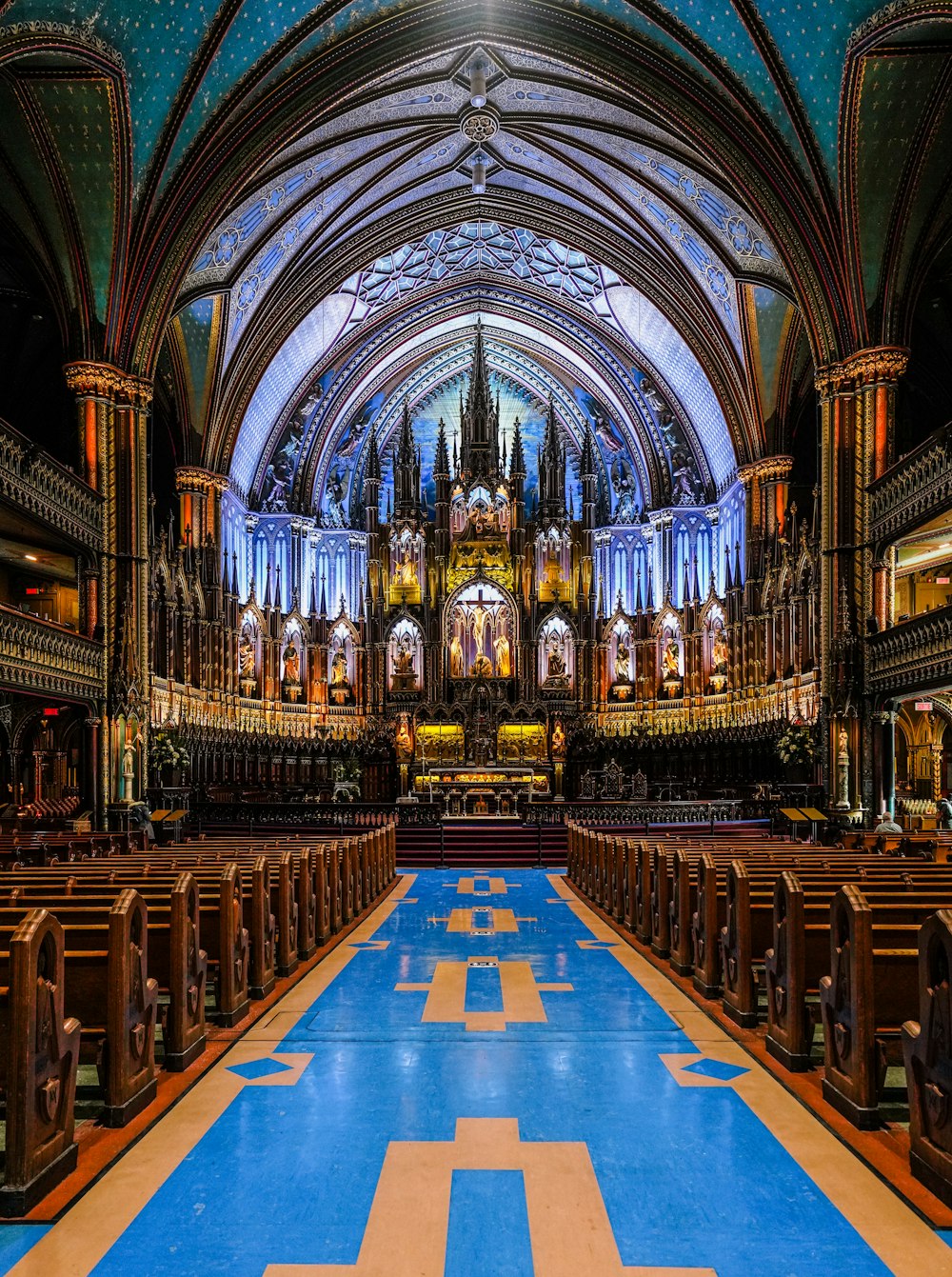 a large cathedral with a blue floor and a blue ceiling