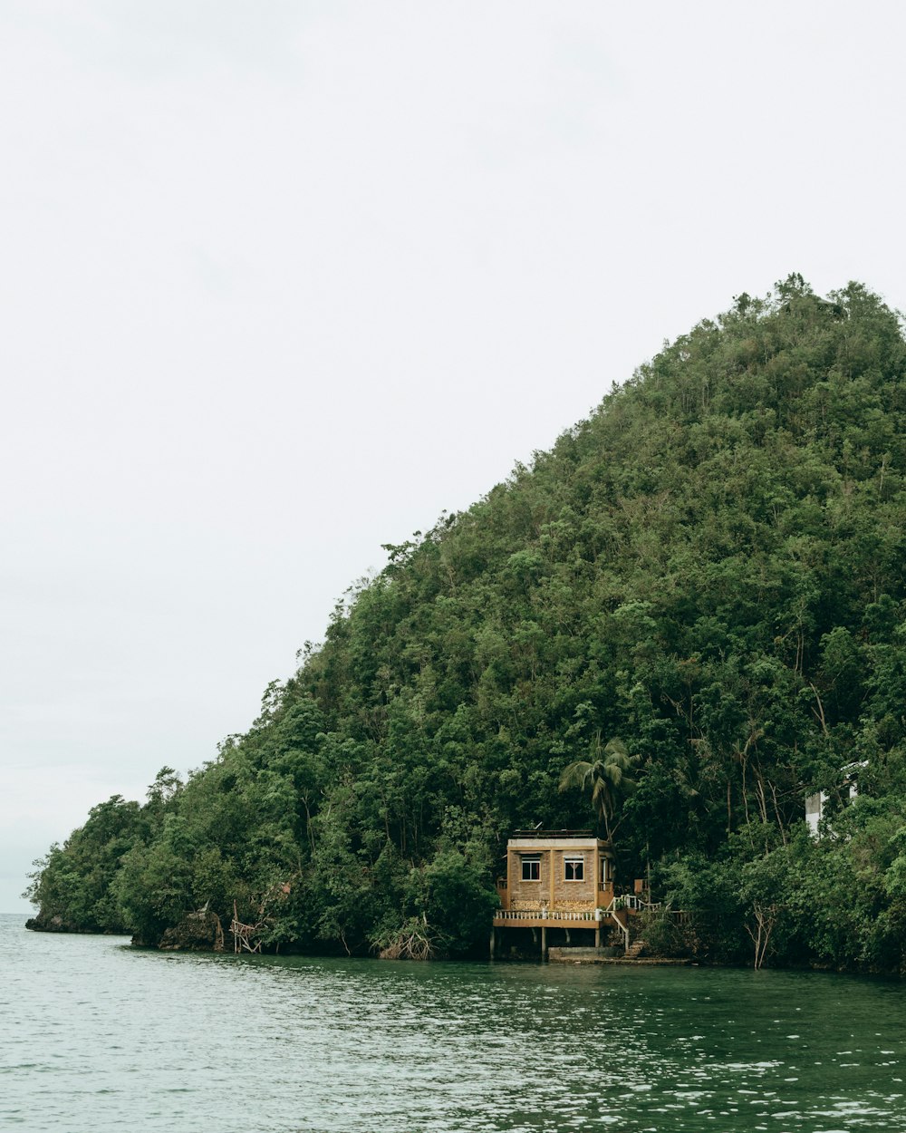 a small house sitting on top of a lush green hillside