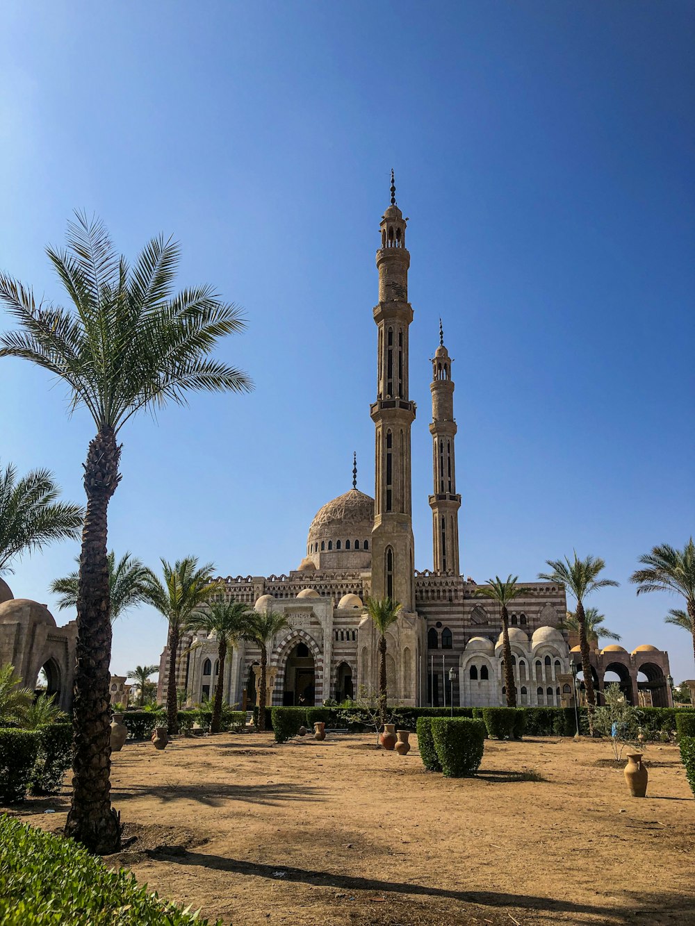 a large building with a tall tower surrounded by palm trees