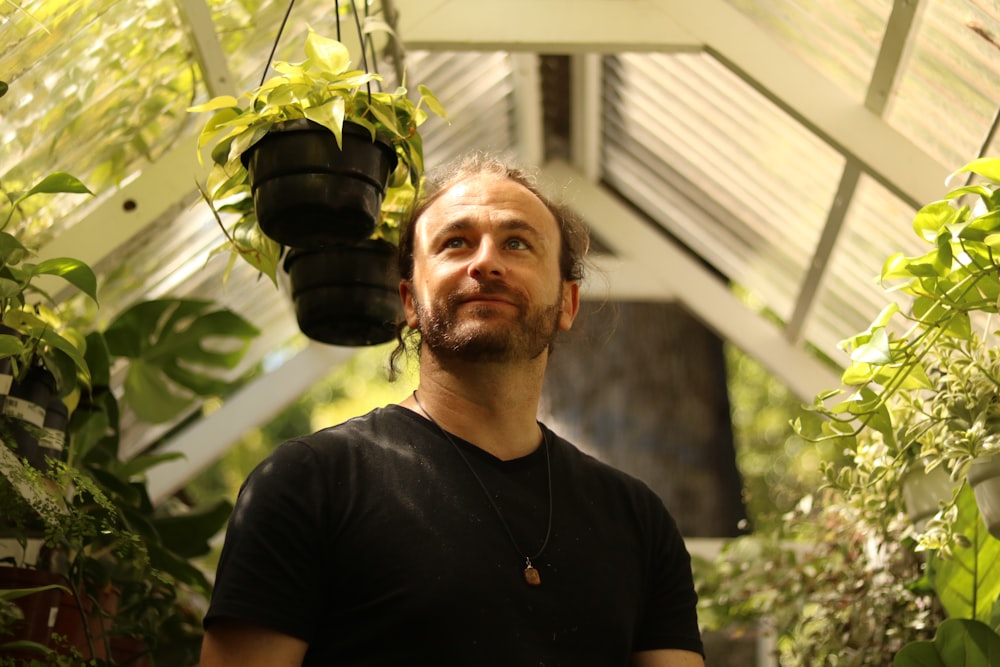 a man standing in a greenhouse looking up