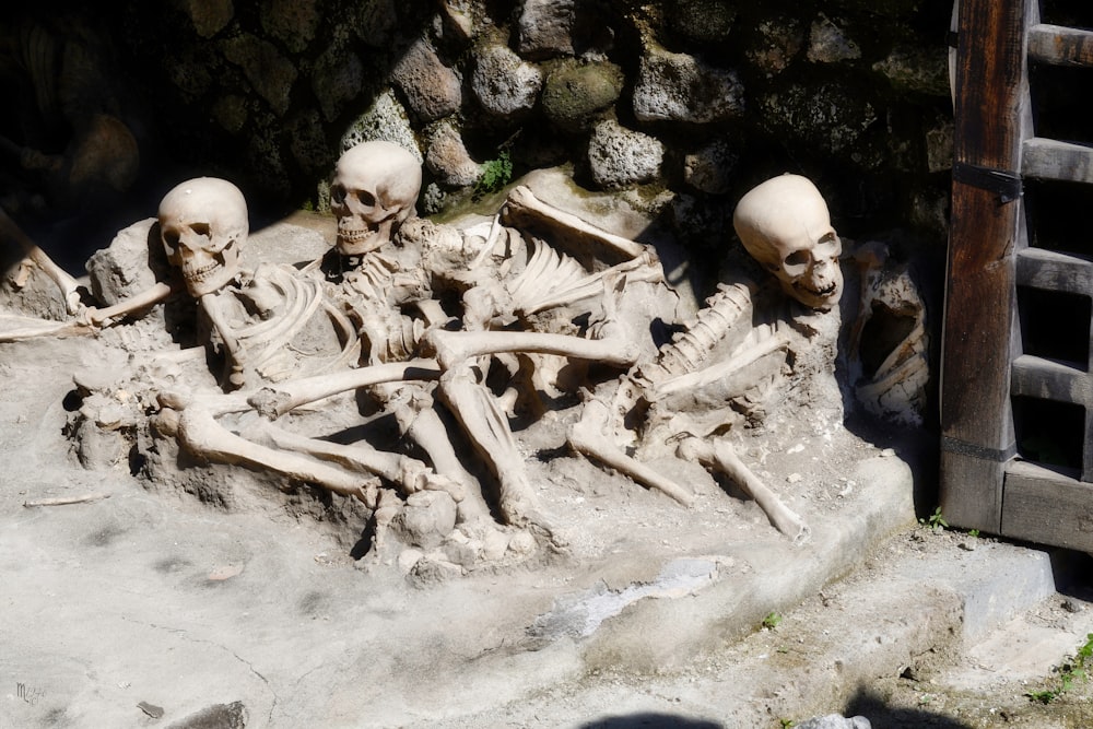 Un grupo de esqueletos sentados encima de un montón de arena