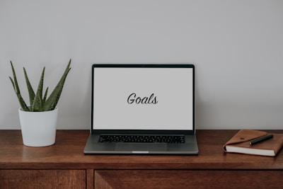 A wooden desk with a laptop displaying the word 'Goals' on its screen. To the left is a potted aloe vera plant, and to the right is a closed notebook with a pen on top.